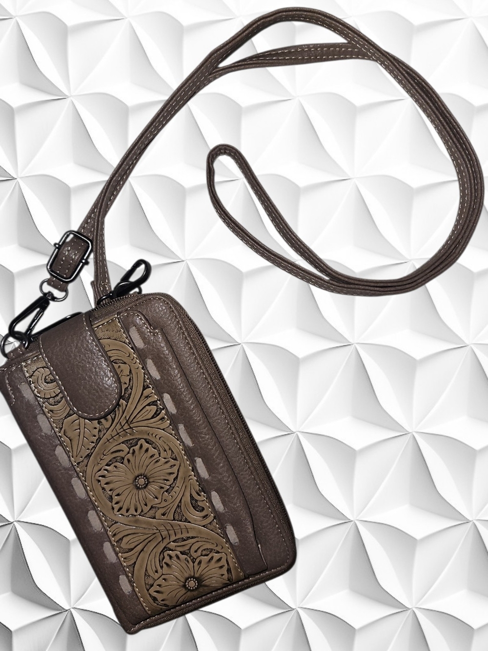 Montana West NWOT Brown Tooled Floral Leather‎ Cell Phone Wallet Crossbody Bag